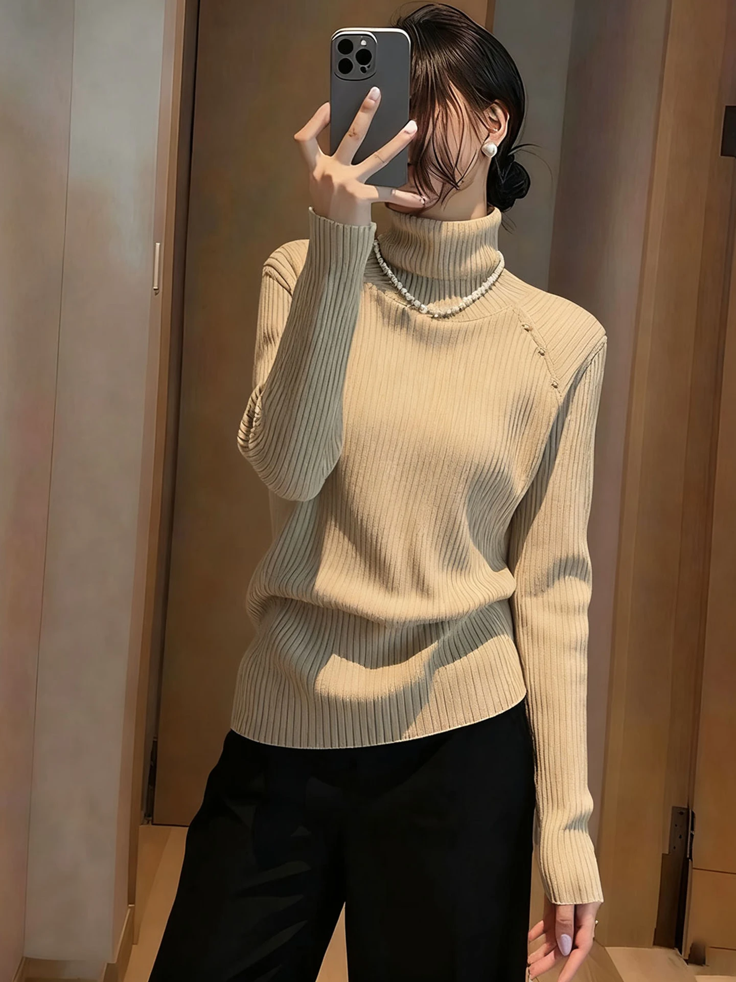 

Ele High Ne Knitted Camere Sweater Long Sve Casual Versatile Women's Winter Faion Soft Commute Sle Regular Fit