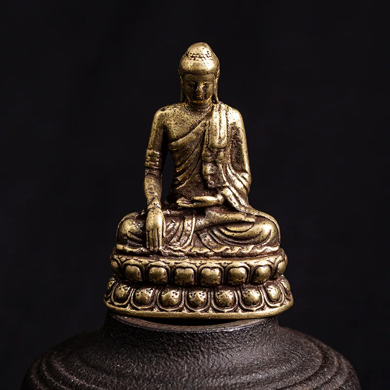 Vintage Brass Sitting Buddha Figurine Small Sakyamuni Statue for Collection Journey Worship Antique Home Desktop Decor