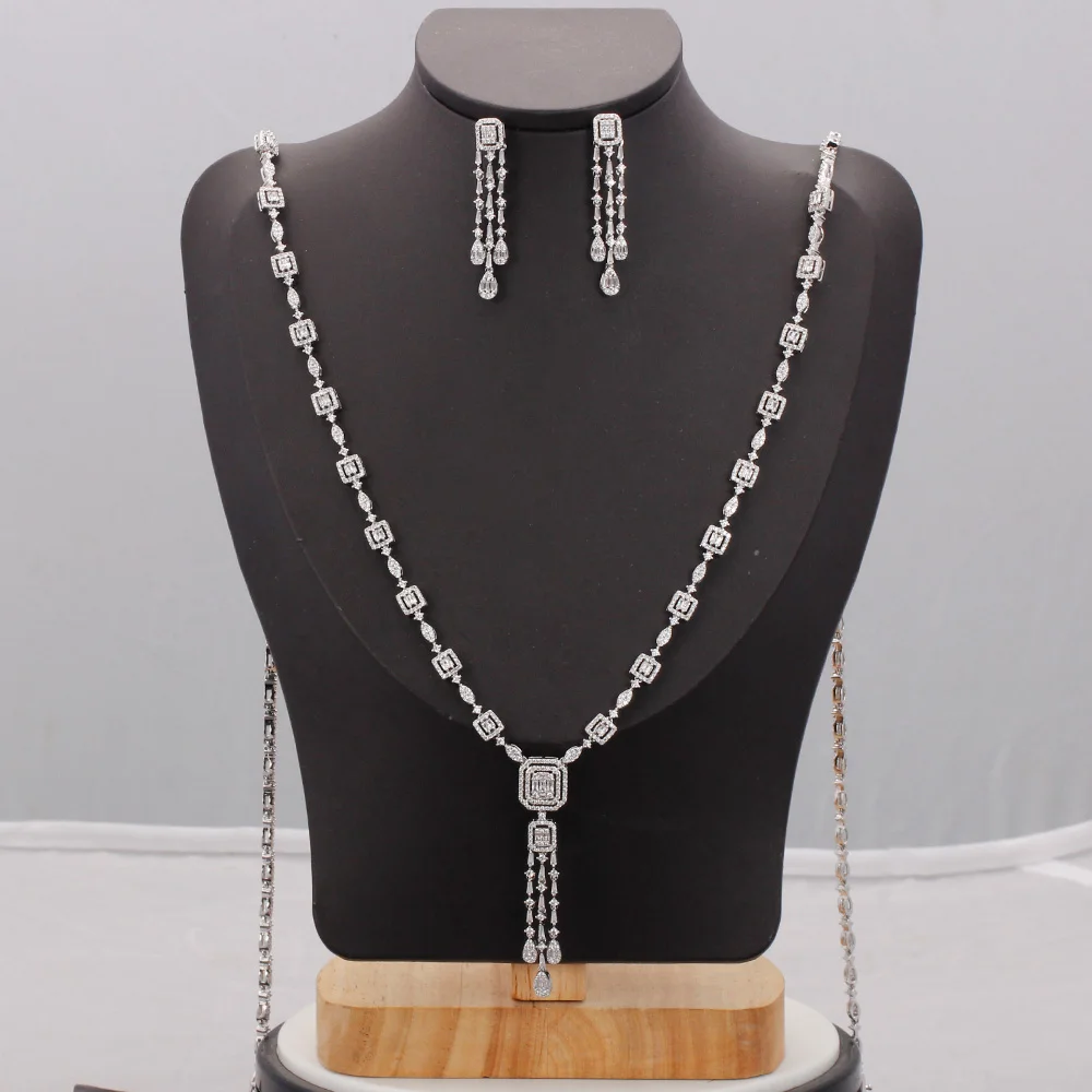 New Trendy Sweater Long Necklace Earring Jewelry Sets For Women Wedding Party Zircon CZ African Dubai Bridal Jewelry 2022