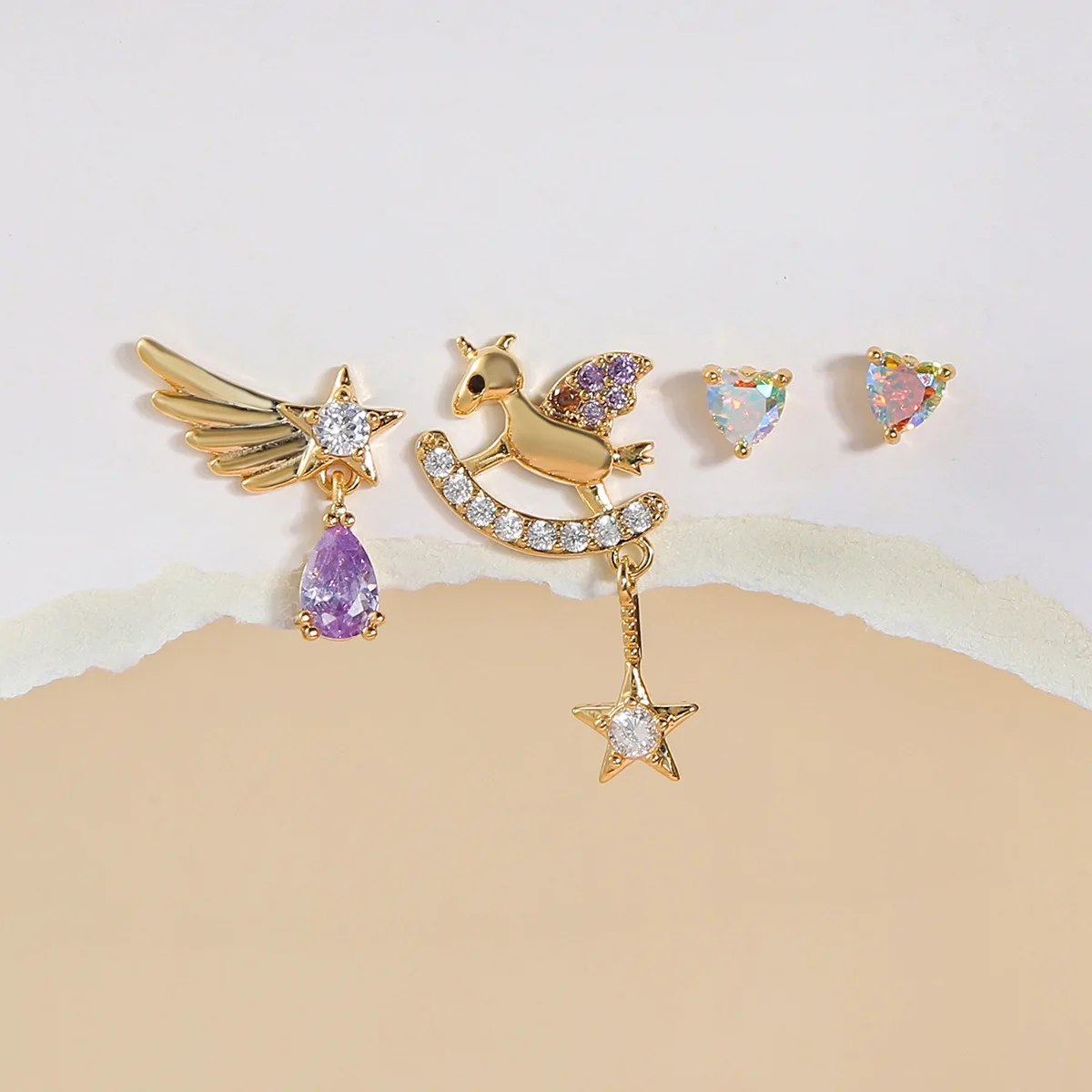 New Ins Vintage Angel Unicorn Wing Earrings Creative Heart Zircon Star Stud Earrings Set For Women Girls Fashion Jewelry Gift