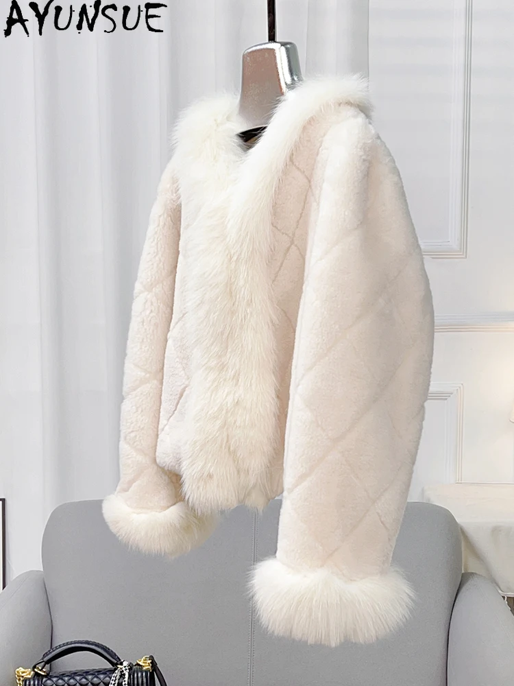AYUNSUE 여우 모피 칼라 천연 양모 여성 자켓 패션 양고기 모피 자켓 여성 의류 고품질 겉옷 Ropa Para Mujer