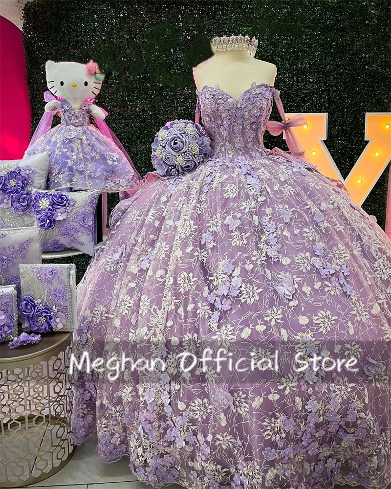 Purple Sweetheart 3D Flower Quinceanera Dresses Ball Gown Bead Appliques 2025 Birthday Luxury Dress Formal Gown Customized