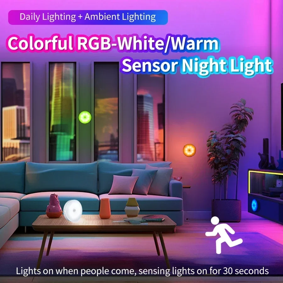 Luz Nocturna LED con Sensor de movimiento RGB, lámpara nocturna de atmósfera recargable, portátil, dormitorio, cocina, armario, armario