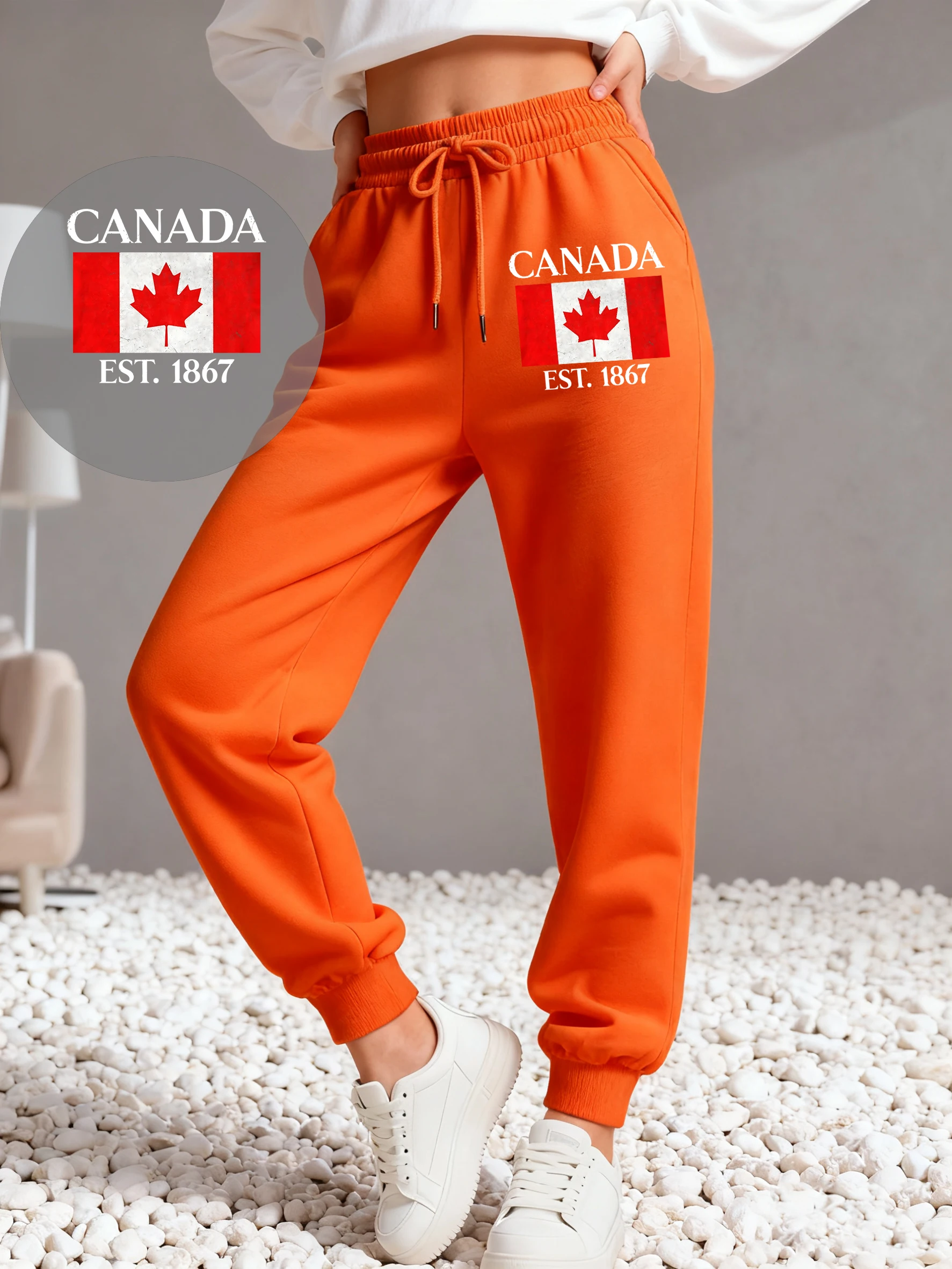 Canada City 1867 Letter Art Printing Women Sweatpants Trendy Hip Hop Trousers Drawstring Pocket Sweatpant Fleece Autumn Pants
