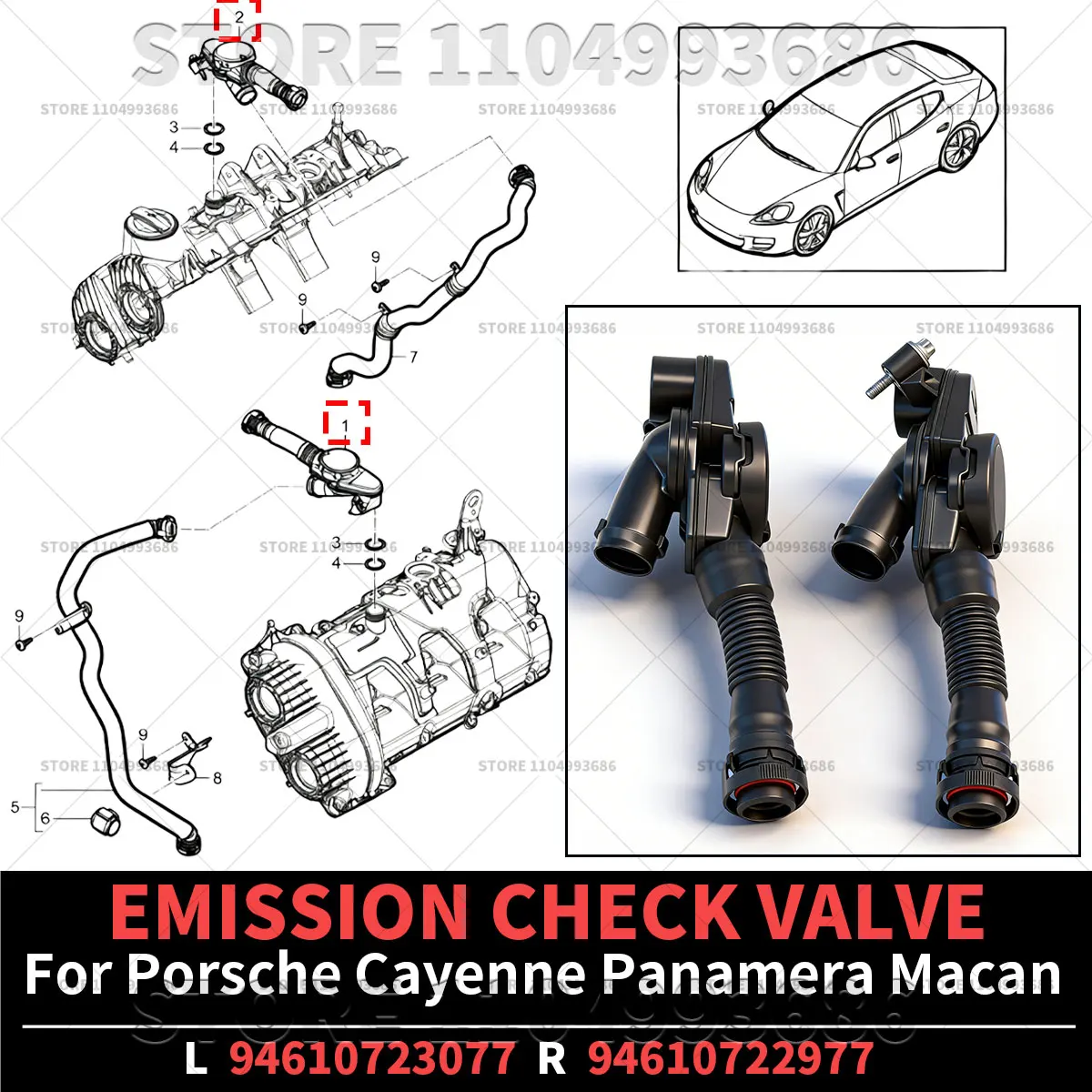 

Для Porsche Cayenne 958 2015-2018, Macan 95B 2015-2018, Panamera 970 2014-2016: Клапан контроля выбросов (Emission Check Valve) OEM 94610722977 94610723077