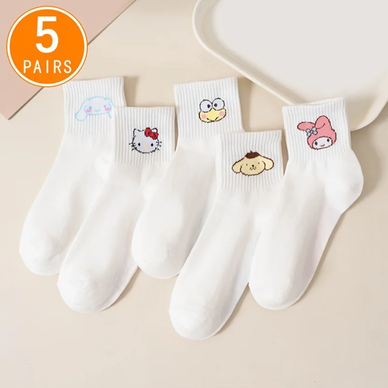 

5 Pairs White Sanrio Kuromi Hello Kitty White Cartoon Socks, Cute & Breathable Mid Tube Socks, Gilrs School Stockings & Hosiery