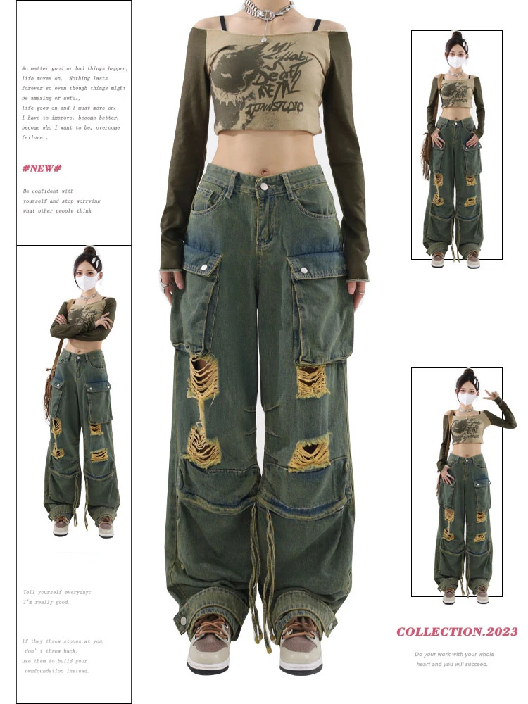 

Women's Blue Baggy Cargo Jeans Vintage Y2k 90s Oversize Denim Trousers Punk Harajuku Wide Torn Cowboy Pants Trashy 2000s Clothes