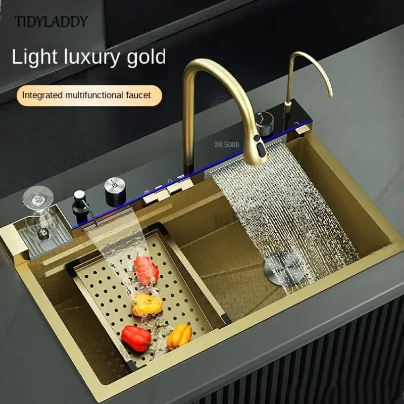 Luxury Black Golden Kitchen Sink Integrated Multifunction Digital Display Waterfall Faucet Set Kitchen Accessory