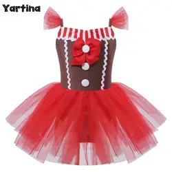 Girls Gingerbread Man Cosplay Costume Christmas Santa Cami Dress Xmas Cookie Dress Outfit Figure Ice Skating Ballet Tutu Dress