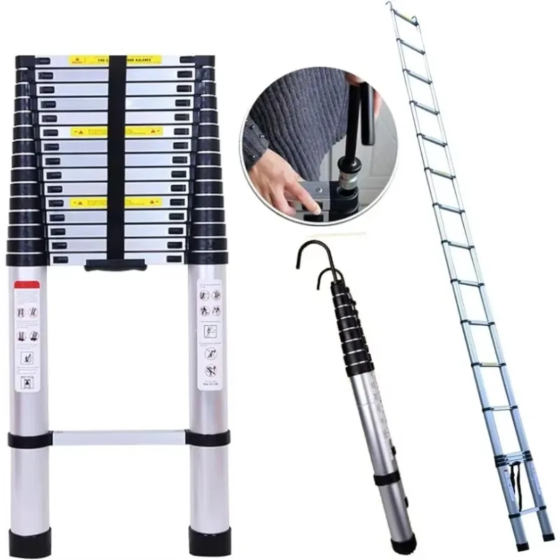 20ft 6.2M Aluminum Telescoping Ladder, w/ 2 Detachable Hooks, Anti-Slip Rubber Feet Portable Folding Ladder, 330lbs Max Capacity