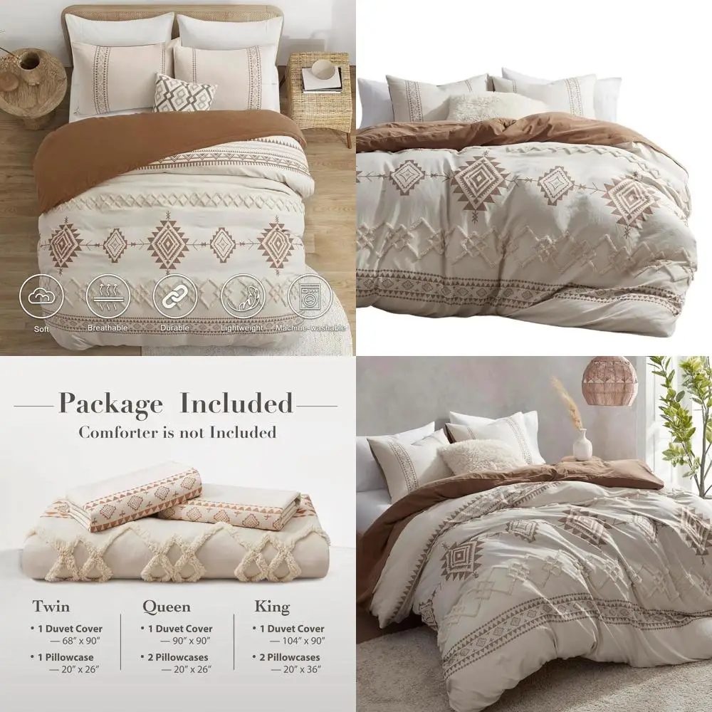 

King Size Boho Style Duvet Cover Set in Beige & Terracotta, 3-Piece Microfiber Bedding with Zipper & Ties, 104x90