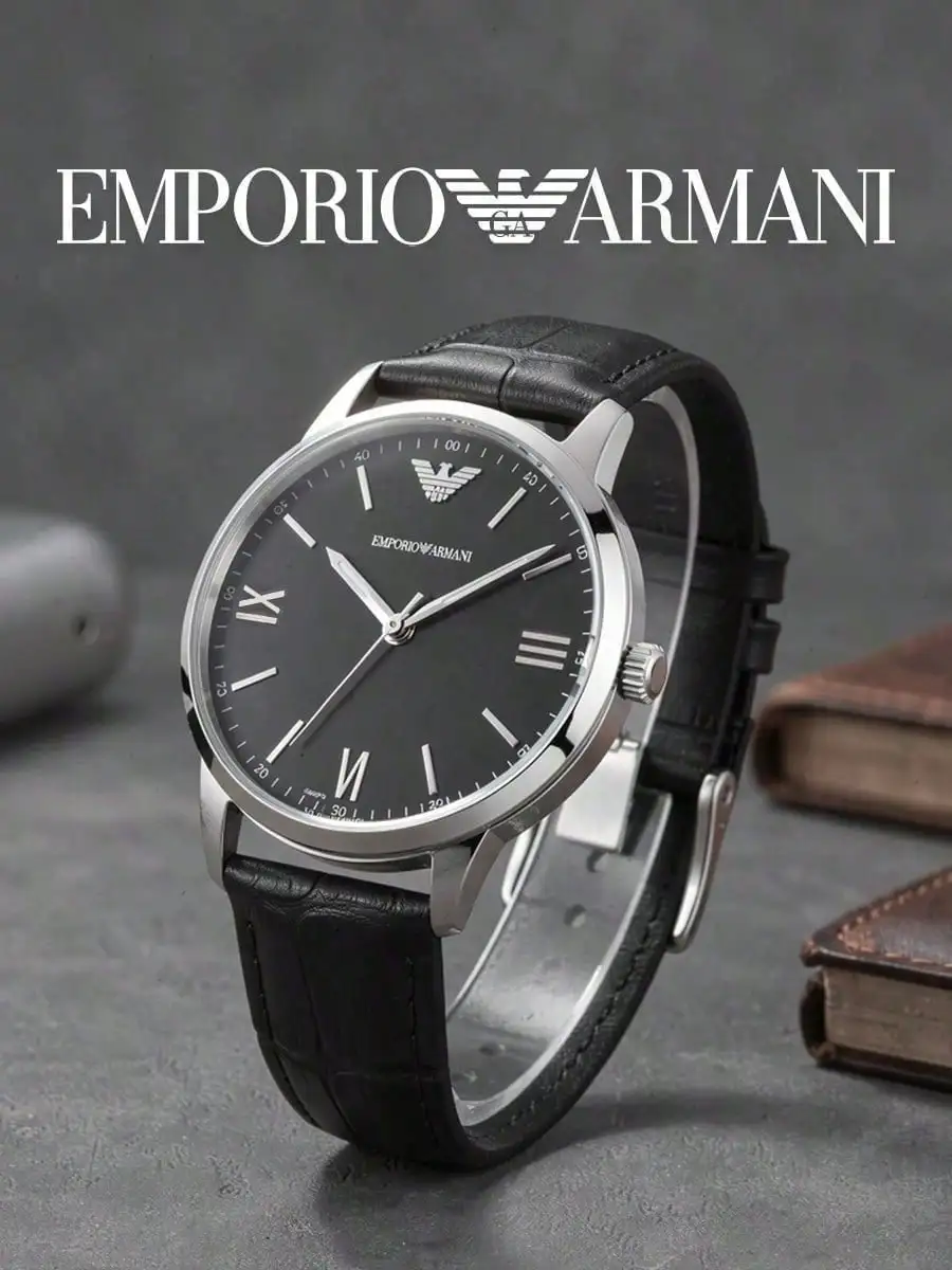Emporio Armani AR11013 Men Quartz Watch, Silver Steel Case, Black Roman Dial, Leather Strap, 5ATM Waterproof Business Wristwatch