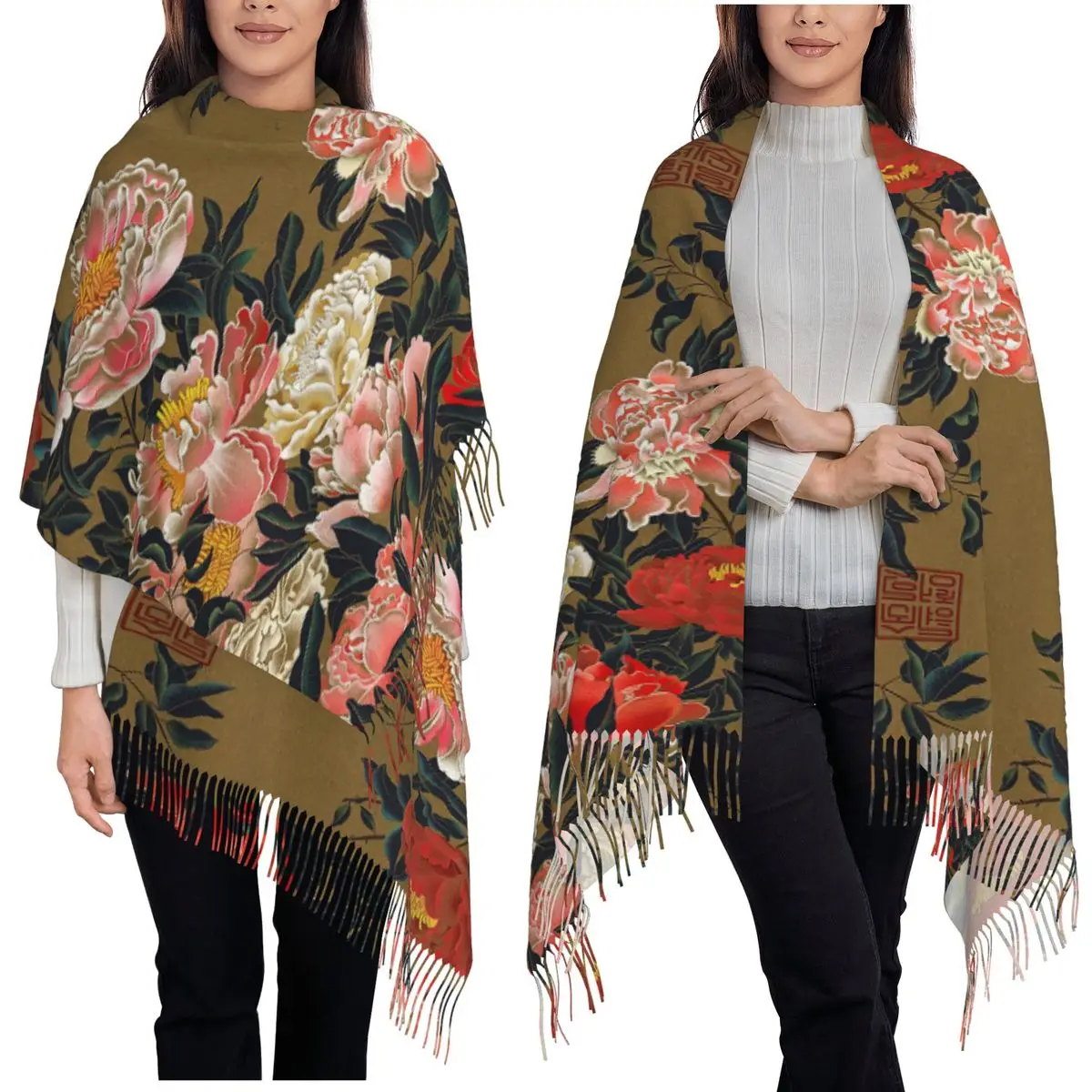 Bufanda de peonía china, bufandas con borlas para mujer, chales y chales suaves y cálidos, chal grande para Otoño e Invierno