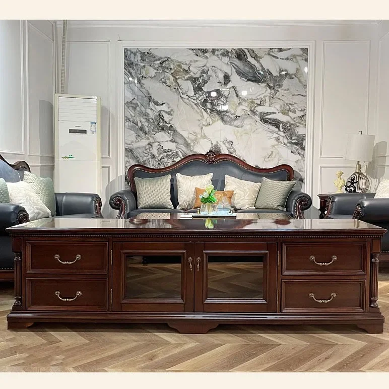 

American country solid wood living room TV cabinet classic Roman column retro engraved storage cabinet
