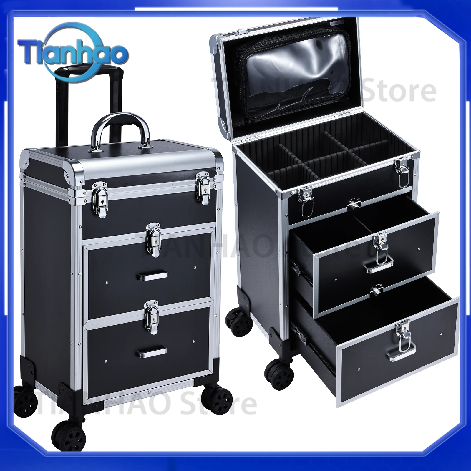 Black Vanity Case with Wheels for Professional Makeup Artist Cosmetic Trolley Suitcase with 2 Large Drawers