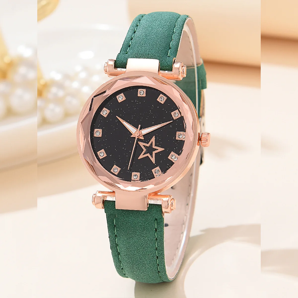 6 ชิ้นชุดใหม่ผู้หญิงหนัง Rhinestone หญิงนาฬิกานาฬิกาควอตซ์ + สร้อยคอ + สร้อยข้อมือ + แหวนและต่างหูนาฬิกาลําลอง