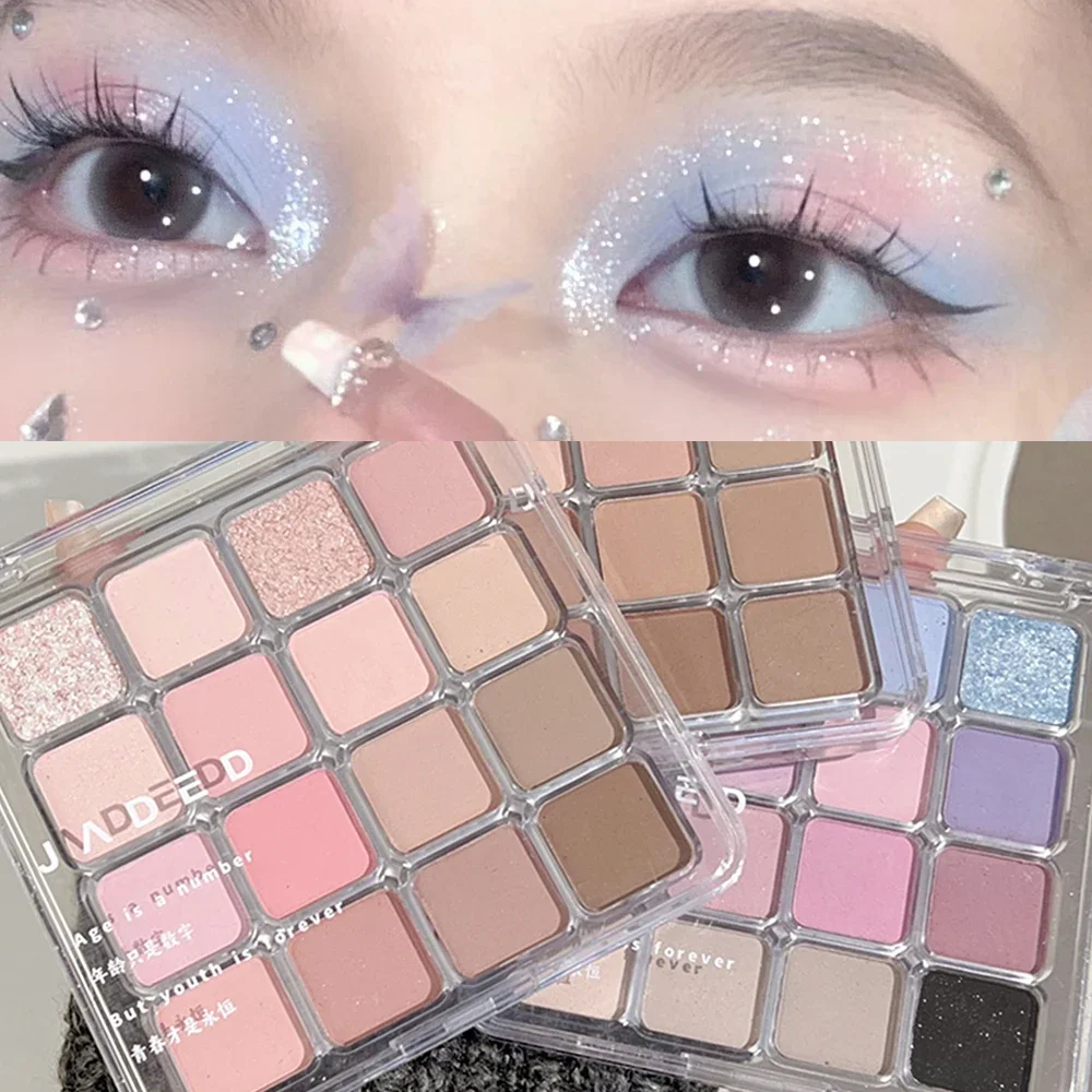 Paleta de sombras com 16 cores, fosca, baixa saturação, à prova d'água, glitter, rosa, azul, sombra de olhos de longa duração, maquiagem cosmética coreana