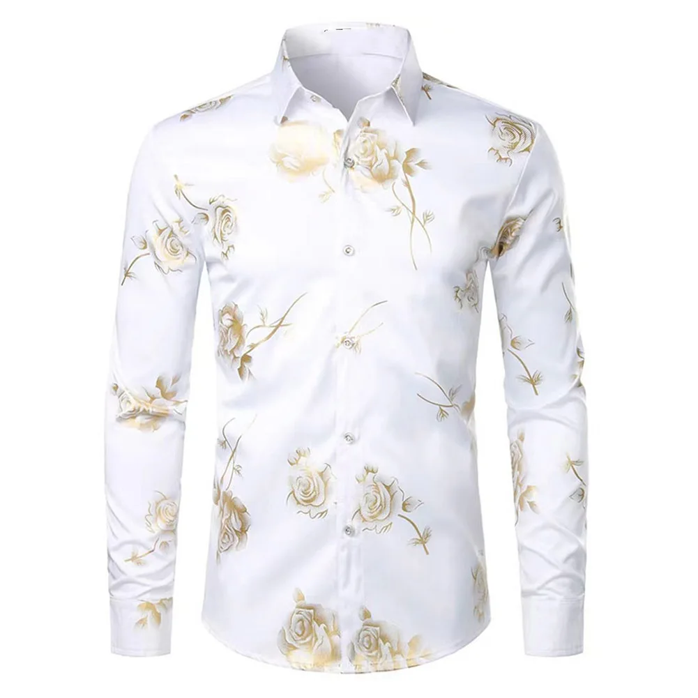 Men's Casual Shirts Long Sleeve Stretch Buttoned Turn Down Collar Vintage Shirts Male Party Daily Printing Lapel Shirt