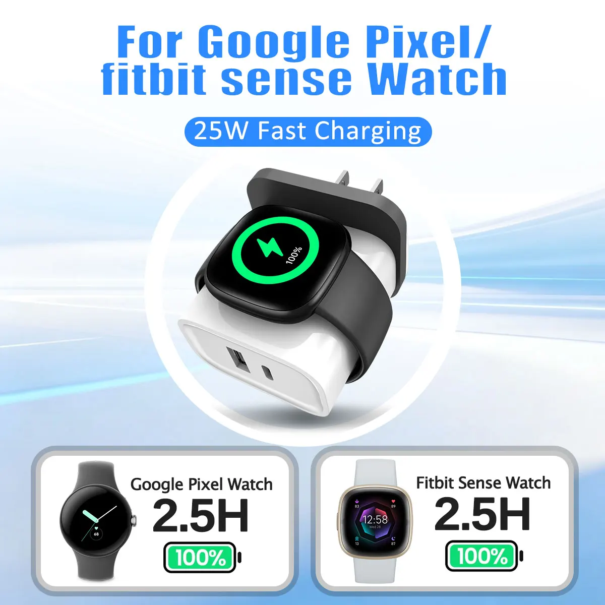

Беспроводное зарядное устройство для Google Pixel Watch 3/2/Fitbit Sense, 25 Вт, USB-C, быстрая зарядка, двухпортовое, настенное зарядное устройство, дорожный адаптер