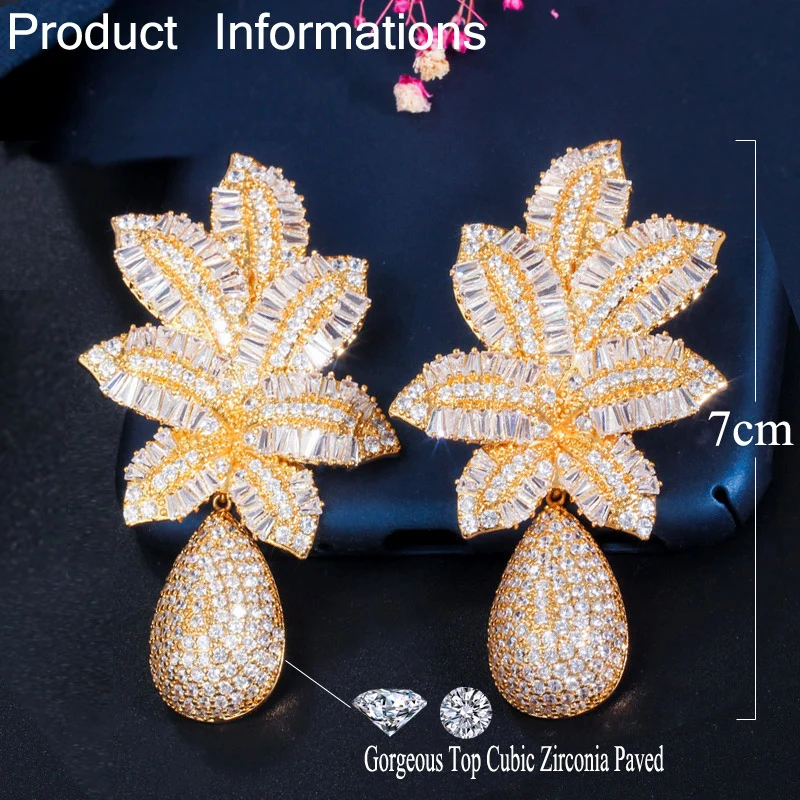 ThreeGraces Luxury Cubic Zirconia 3 Tone Gold Color Large Long Leaf Drop Earrings for Women Bridal Wedding Party Jewelry E1215