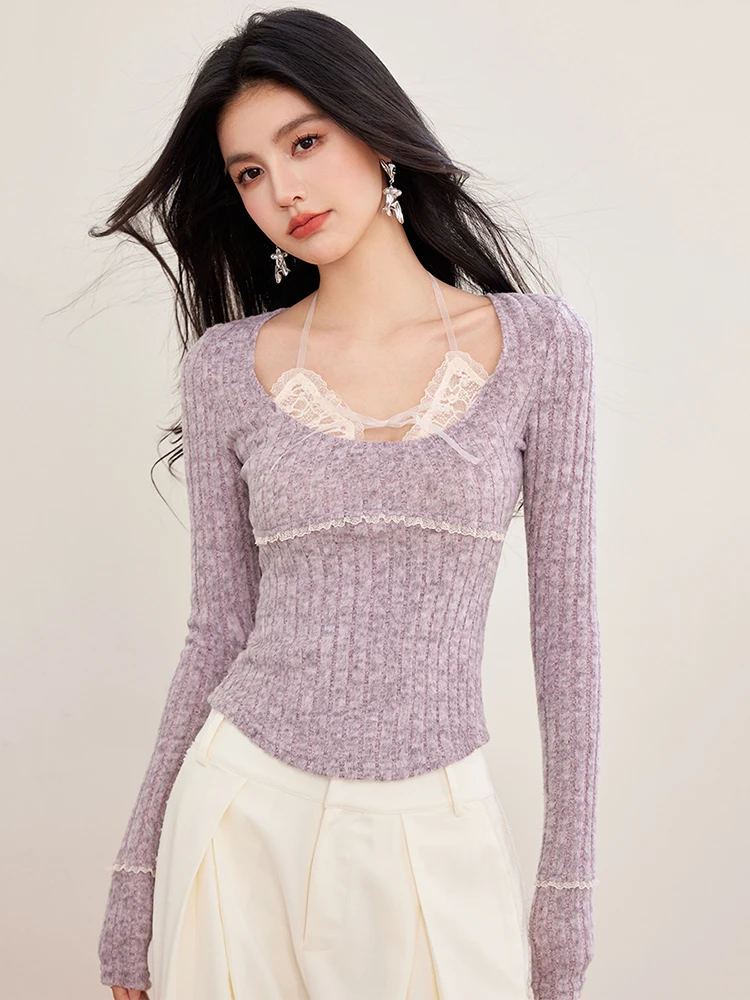 Fake Two Pieces Halter Knitted Tops Women Niche Design Long Sleeve Slim Tops Spring Autumn Hotsweet Chic Patchwork T-shirt