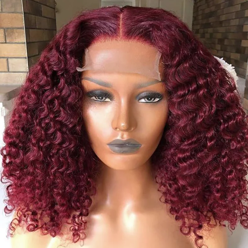 99J Burgundy Color Kinky Curly Human Hair Bob Wig 4x4 Closure Lace Front Human Hair Curly Short Bob Wig 180% Density