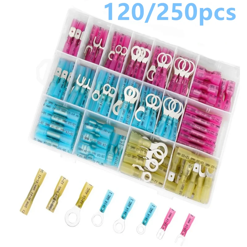 120/250pcs Heat Shrink Wire Connectors Waterproof Automotive Electrical Terminals Kit Crimp Connector Ring Fork Spade Splices