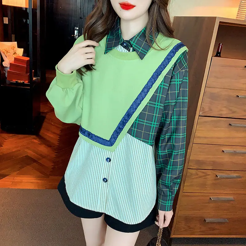 Fashion Striped Spliced Plaid Fake two pieces Shirts Female Clothing 2023 Autumn winter  Asymmetrical Tops Loose Casual Blouses