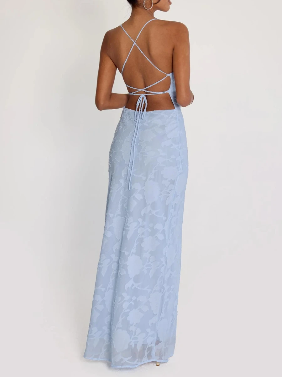 TWOTWINSTYLE Sexy Backless Gesplitst Kant Sheer Mesh Jurk voor Vrouwen Halter Hals Mouwloze Bodydon Zachte Maxi Jurken Vrouwelijke Nieuwe