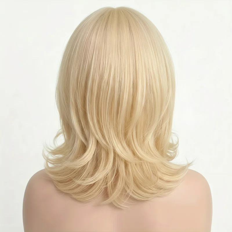 14-Inch short Bobo head wig with bangs, shoulder length wavy layered hairstyle, curly ends, medium length synthetic wig for dail