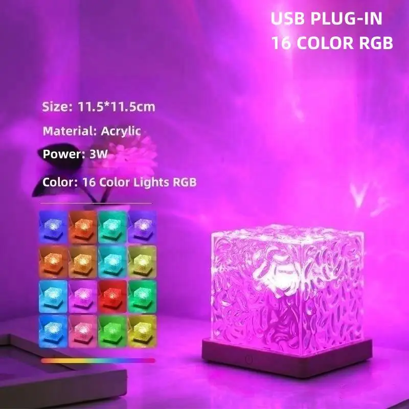 Water Ripple Projector 3/16 Colors Lamp Flame Crystal Lamp Home Decoration Sunset Lights Dimmable Brightness Rotating Light