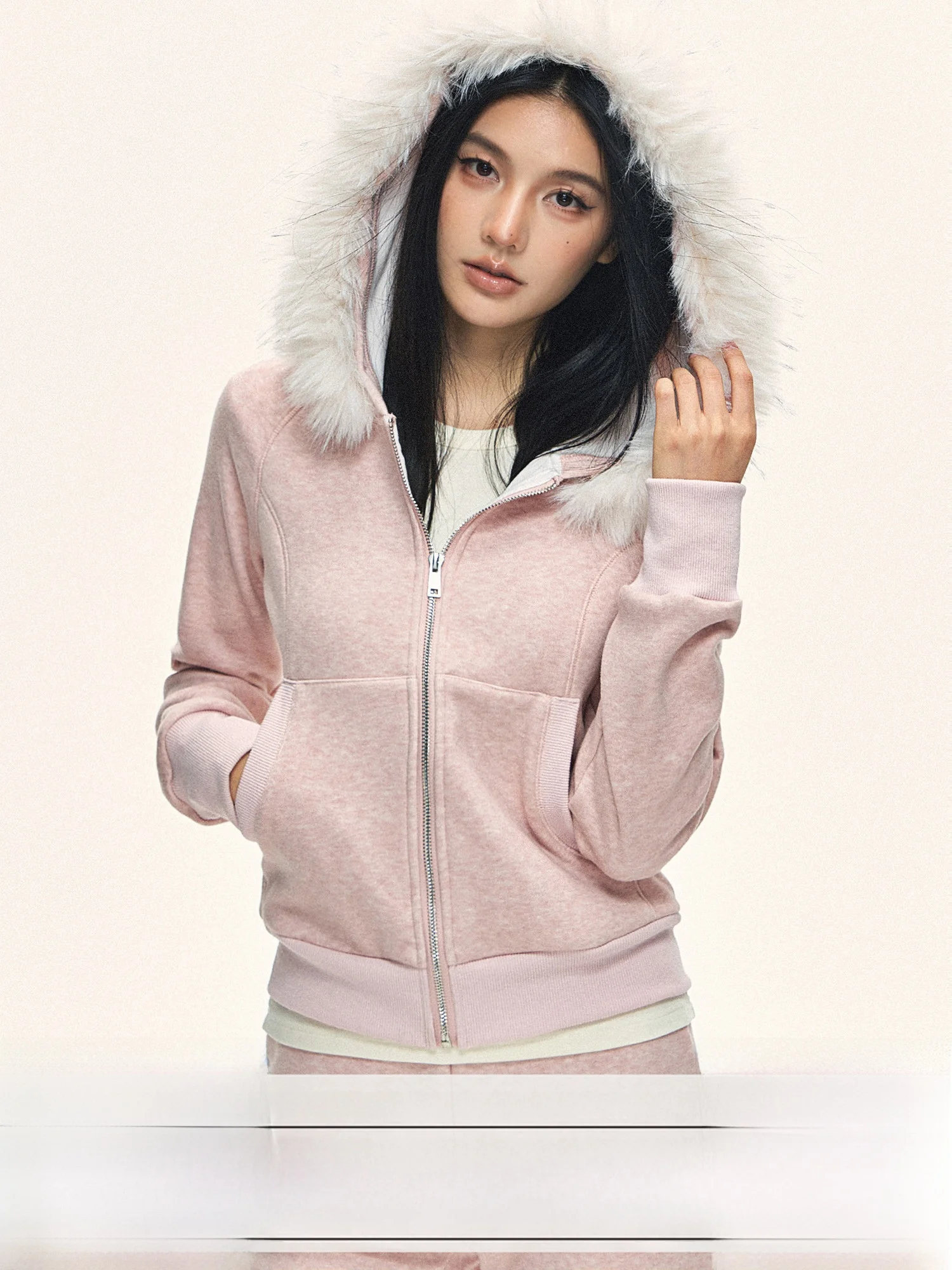 

0PASSION Women's Fce Lined Hooded Jaet Removable Fur Collar Casual Spor Pants Two Piece Set Winter Commute Sle