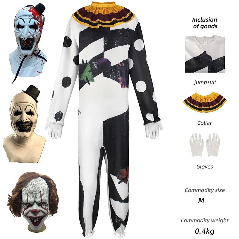 

New Halloween Party Costumes Art The Clown Cosplay Terrifier Cosplay Costume Horror Clown Bodysuit Mask Full Suit for Men Adult