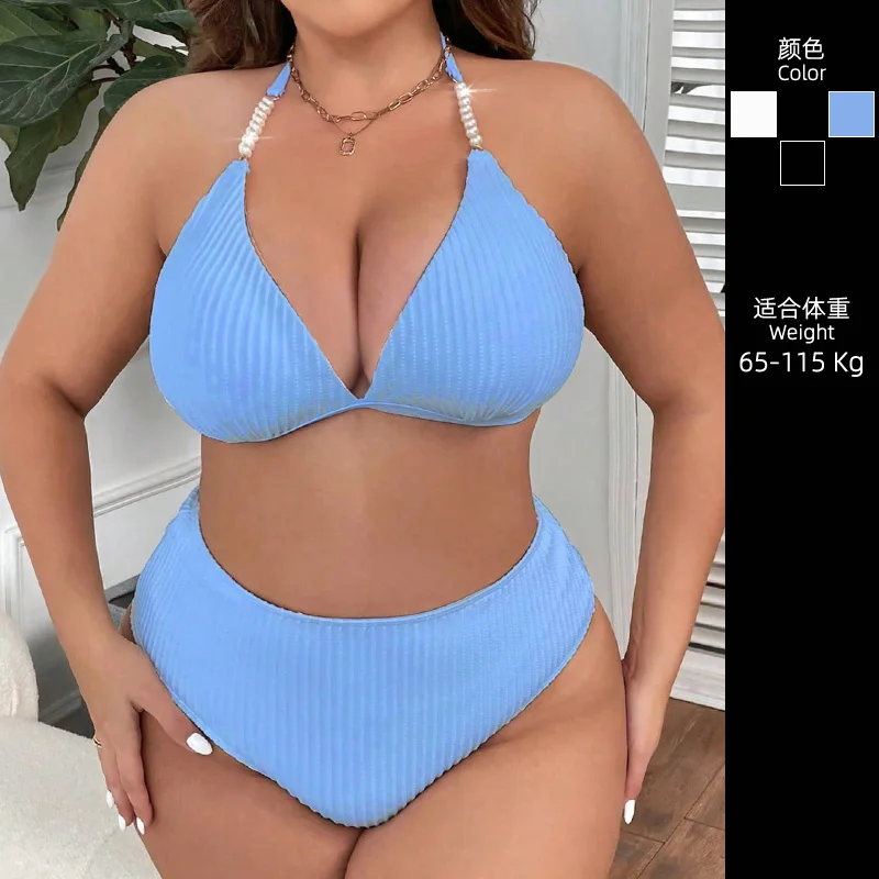 

Original Light Blue High Waist Plus Size Bikini, White and Black Sexy Spice Girl V-neck Split Swimsuit Set