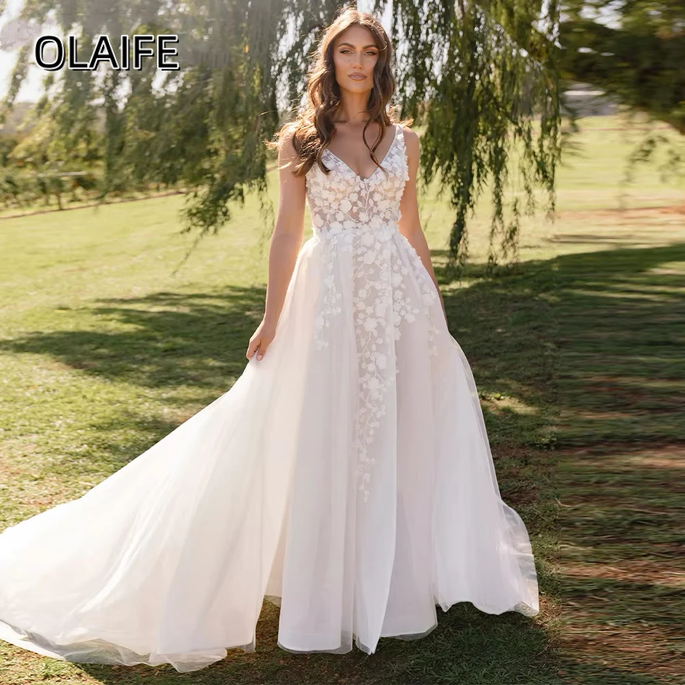 Olaife Lace Wedding Gown For Bride A-line Sleeveless Sweep Train Backless V-neck Tulle Appliques Robe De Mariée