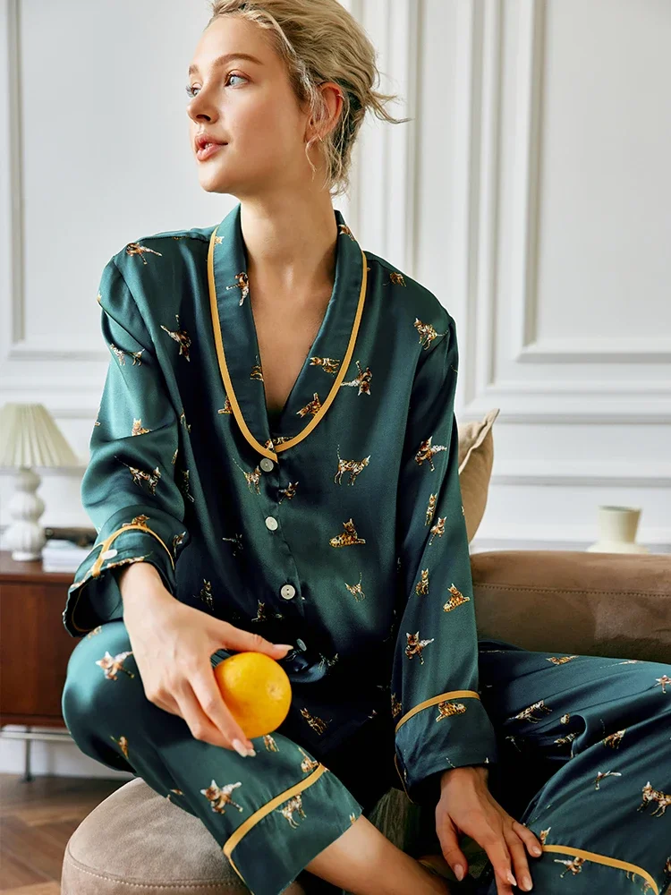 100% Mulberry Silk Pyjama Set Kitty Women Nightwear Pajama Set Autumn Long Sleeve Trousers Homewear Button Down Chemise Pajamas