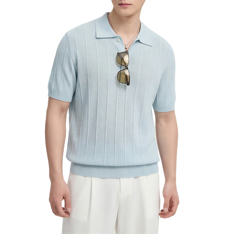 Gentleman's Linen-blend Knitted Short-sleeved Men's POLO Shirt, Lapel Casual T-shirt Top Summer
