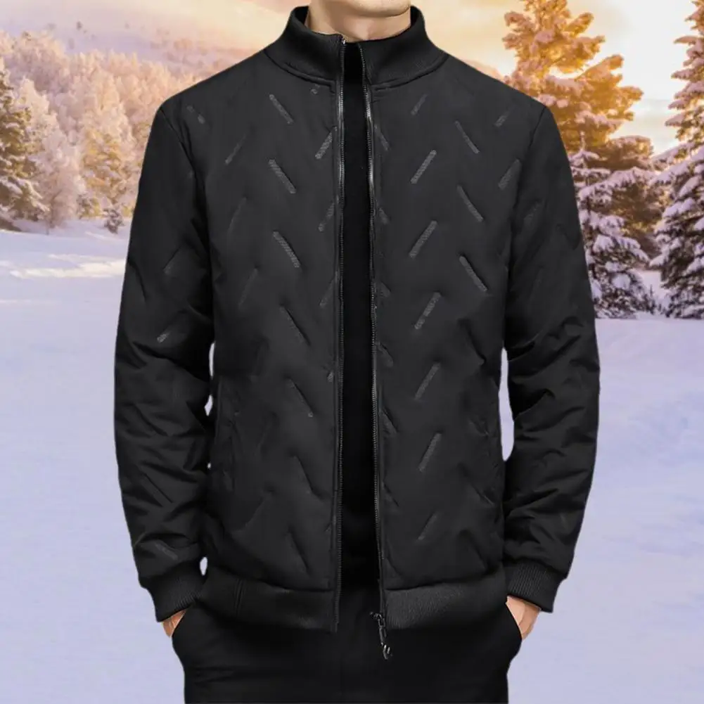 

Men Jacket Men's Embossed Lines Lapel Jacket with Zipper Pockets Elastic Hem Plush Lining Coat for Warmth Style Embossed Lines