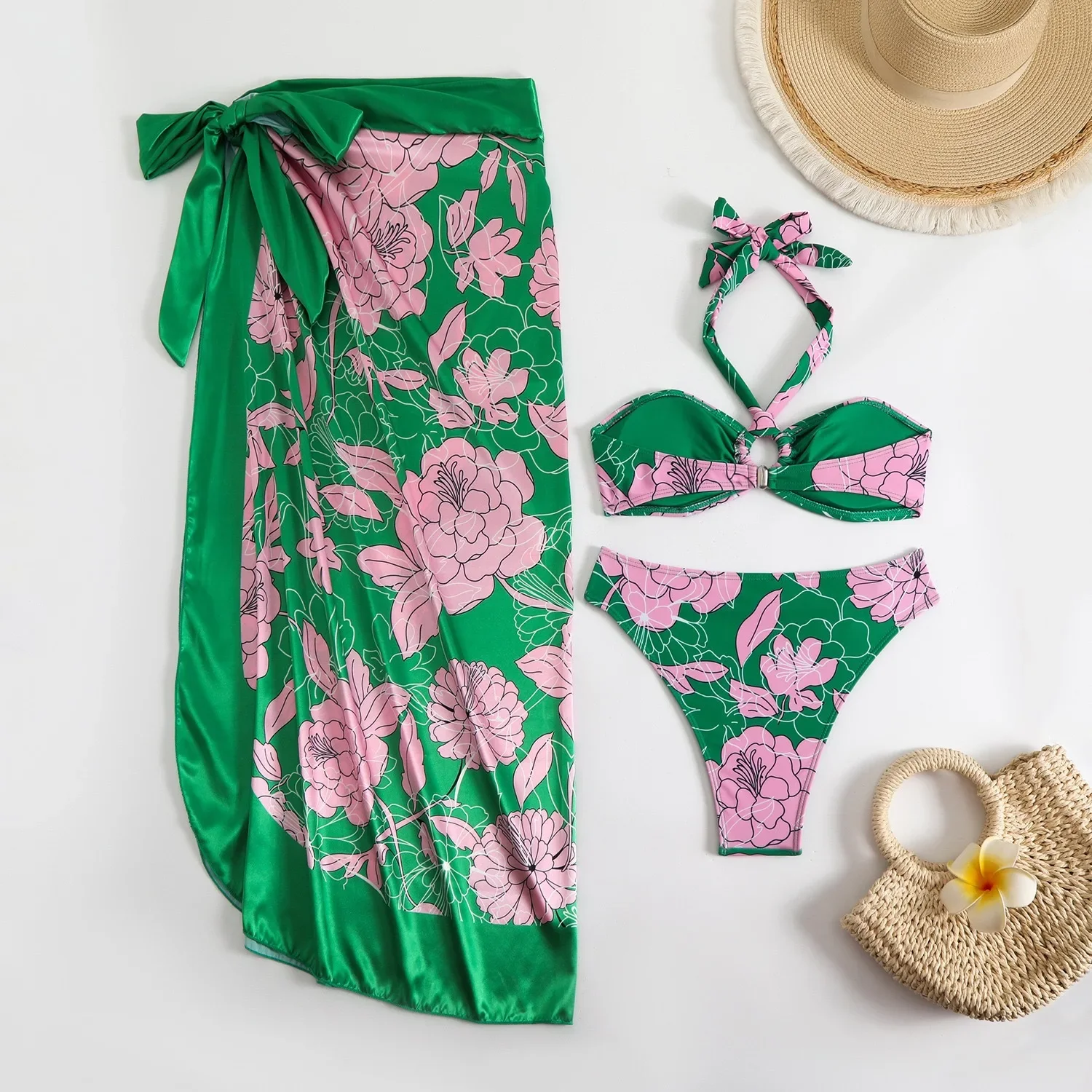 Retro-Bikini, bedruckt, modisch, Bikini-Set, Badeanzug und Vertuschung mit Rock, eng, Damen-Verband, Sommer, Strand, luxuriös, elegant