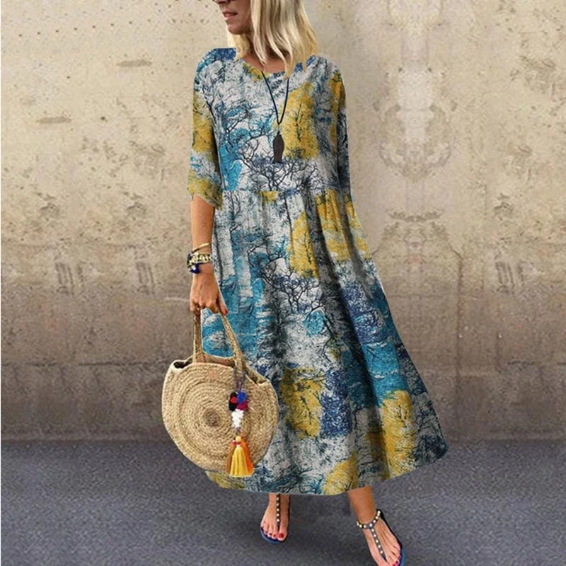 Summer Women\'s Printed Casual Loose Long Dress with Round Neck and Half Sleeves Fashion Loose Long Dress