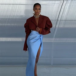 Light Sky Blue Long Skirt Elegant Women Fashion A Line  Skirt Wedding Party Formal Wear Sexy High Split Lady Pencil Skirt