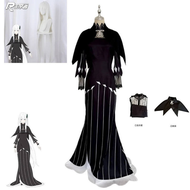 

Re:Zero Echidna Cosplay Costume Witch of Greed Anime Outfit with Black Evening Dress, Skirt Wig for Comic Con Halloween Party