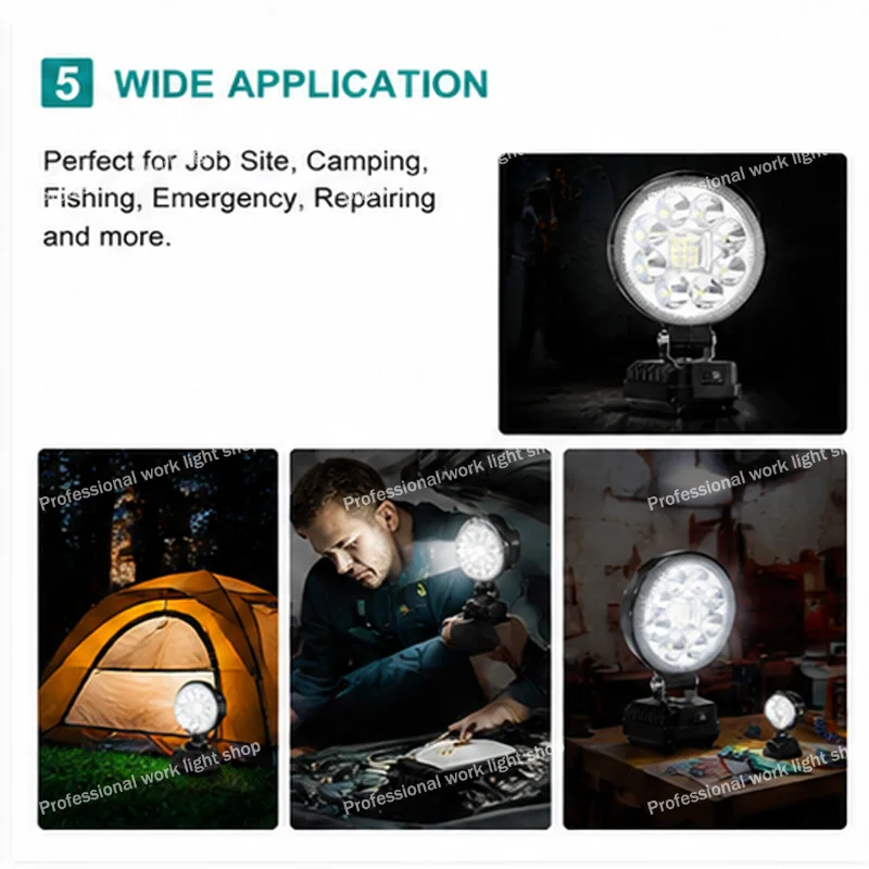 Rechargeable LED work light, compatible with Makit-a battery, suitable for camping and night fishing