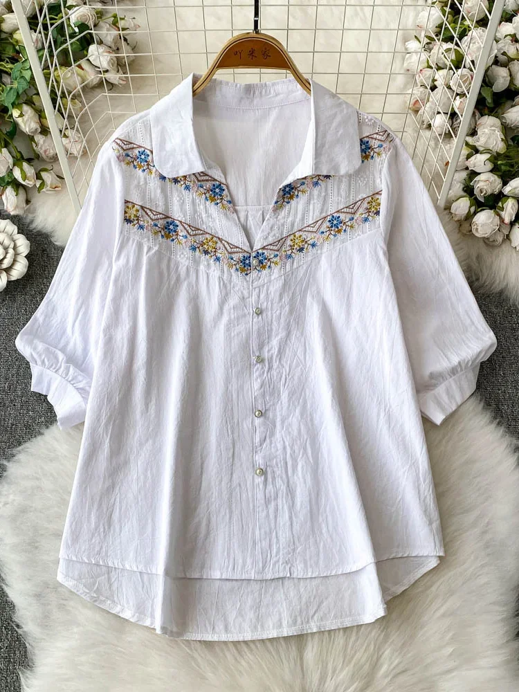

Women's Summer Shirt 2025 New Ethnic Style Retro Embroidered Seven Quarter Sleeve Shirt Loose Fit Slimming Mid Length Top BL183
