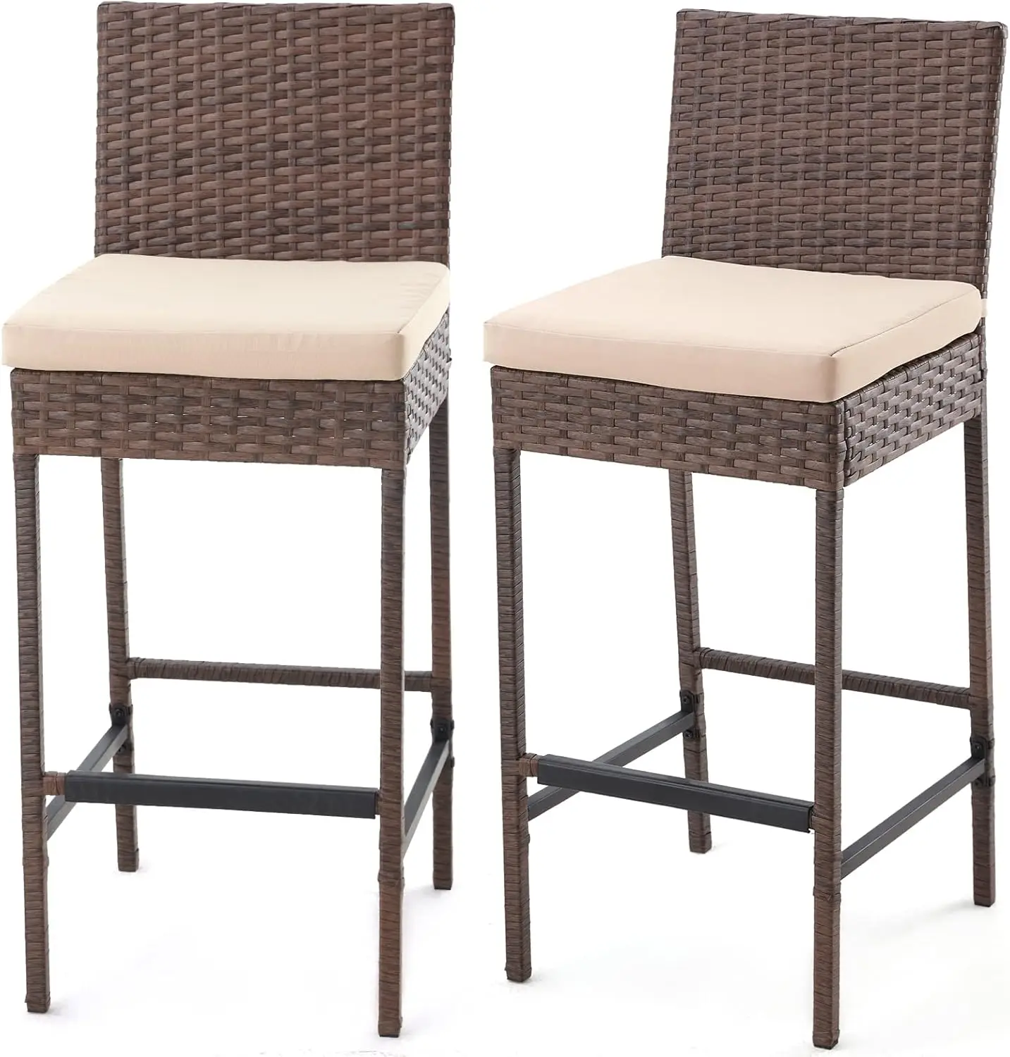 

Rattan Bar Stools Set Of 2, Patio Wicker Barstools With Cushions, Patio Bar Chairs Arml For Backyard, Poolside, De (Brown)