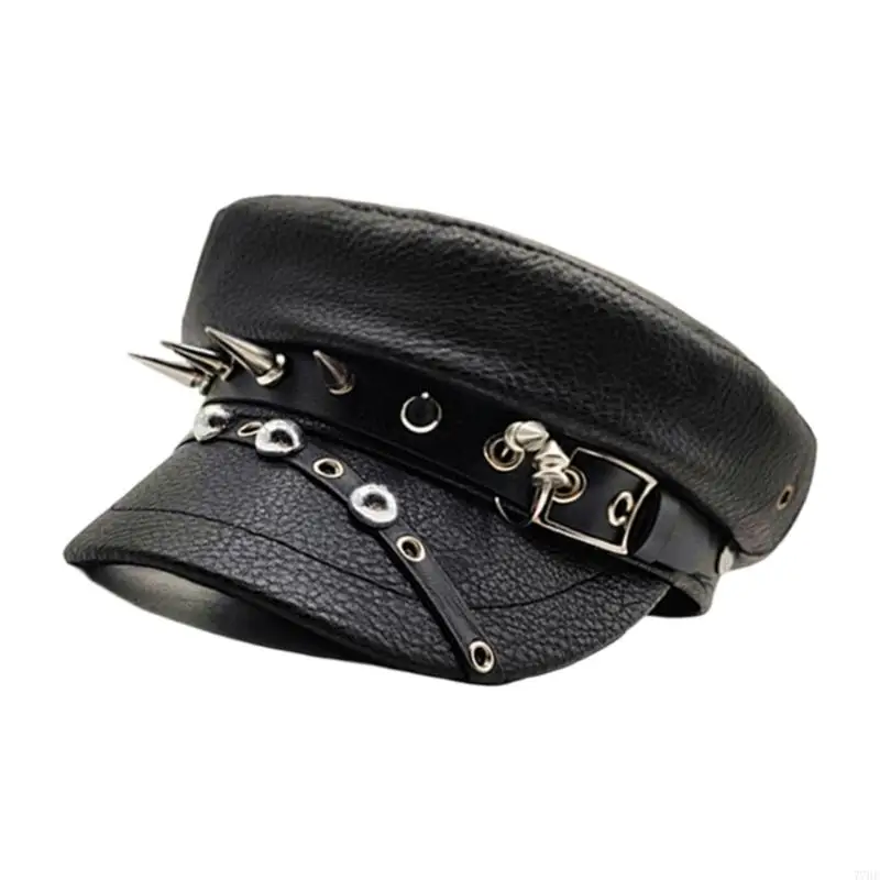 77HE หรูหรา PU หนัง Trucker หมวกสำหรับวัยรุ่นหญิงพร้อม Rivet Studded Buckles เข็มขัดสำหรับ Punk Theme Party และชุดประจำวัน