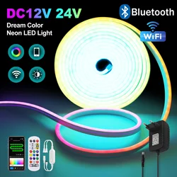 Tuya wifi inteligente ws2811 rgbic led luz de néon 12v 24v à prova dwaterproof água flexível led luz de tira bluetooth fita led decoração do quarto