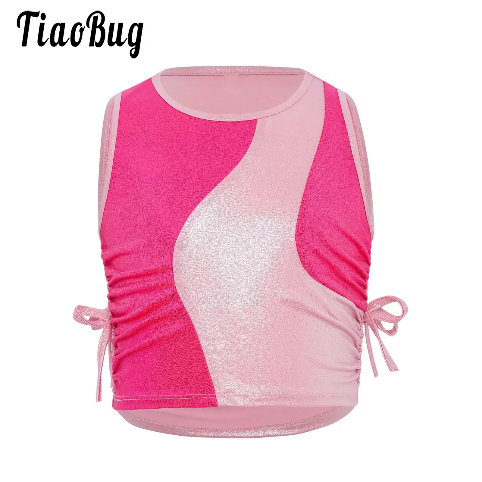

Girls Metallic Color Block Crop Top Vest Sleeveless Bowknot Ruched Tank Top for Jazz Modern Street Dance Stage Performance Party