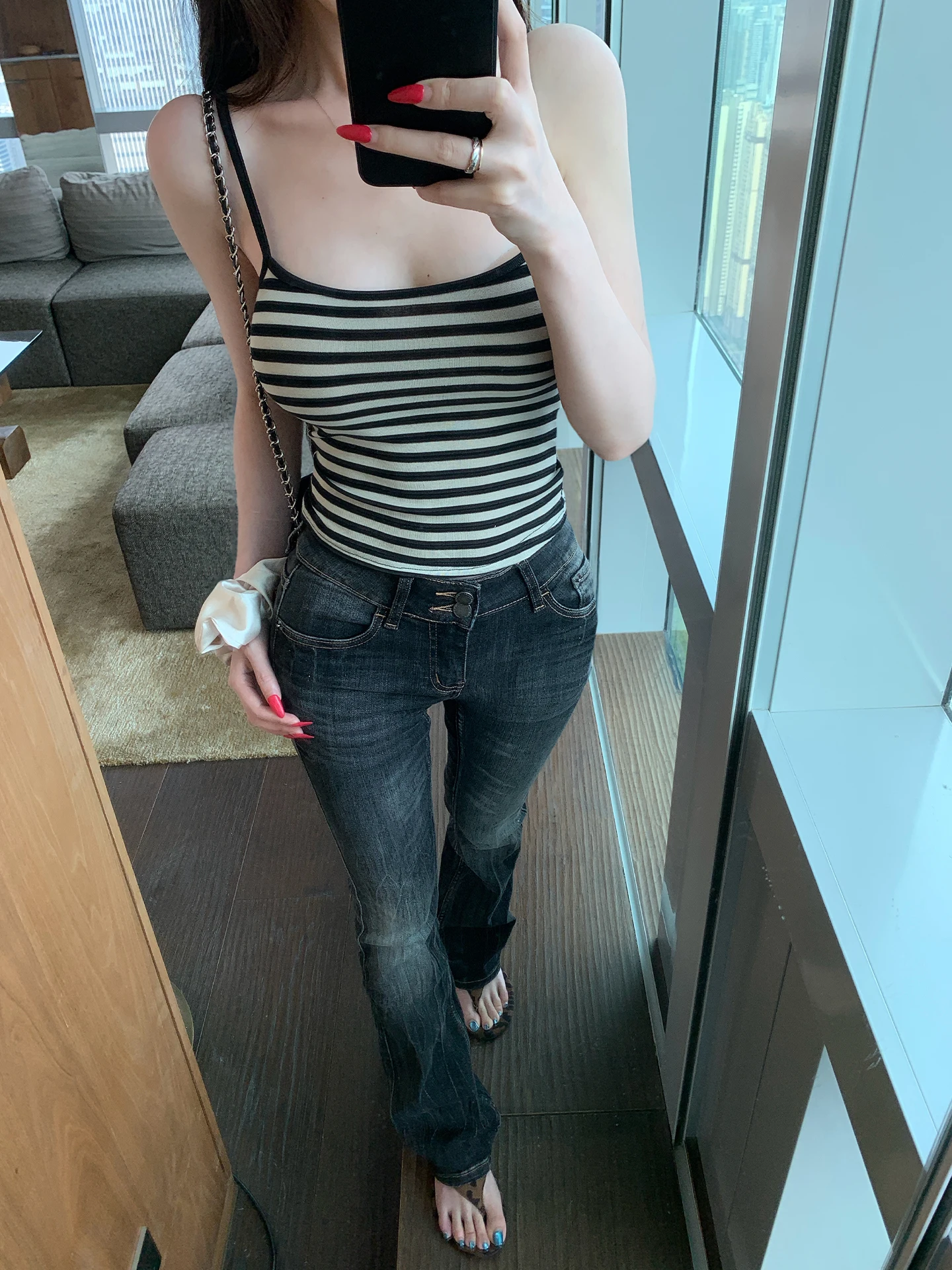 

Low Waist Bell Bottom Denim Jeans Bamboo Texture Grey Heavy Duty Women's Slim Fit Jeans Spring Summer Fashion Ladies' Pants