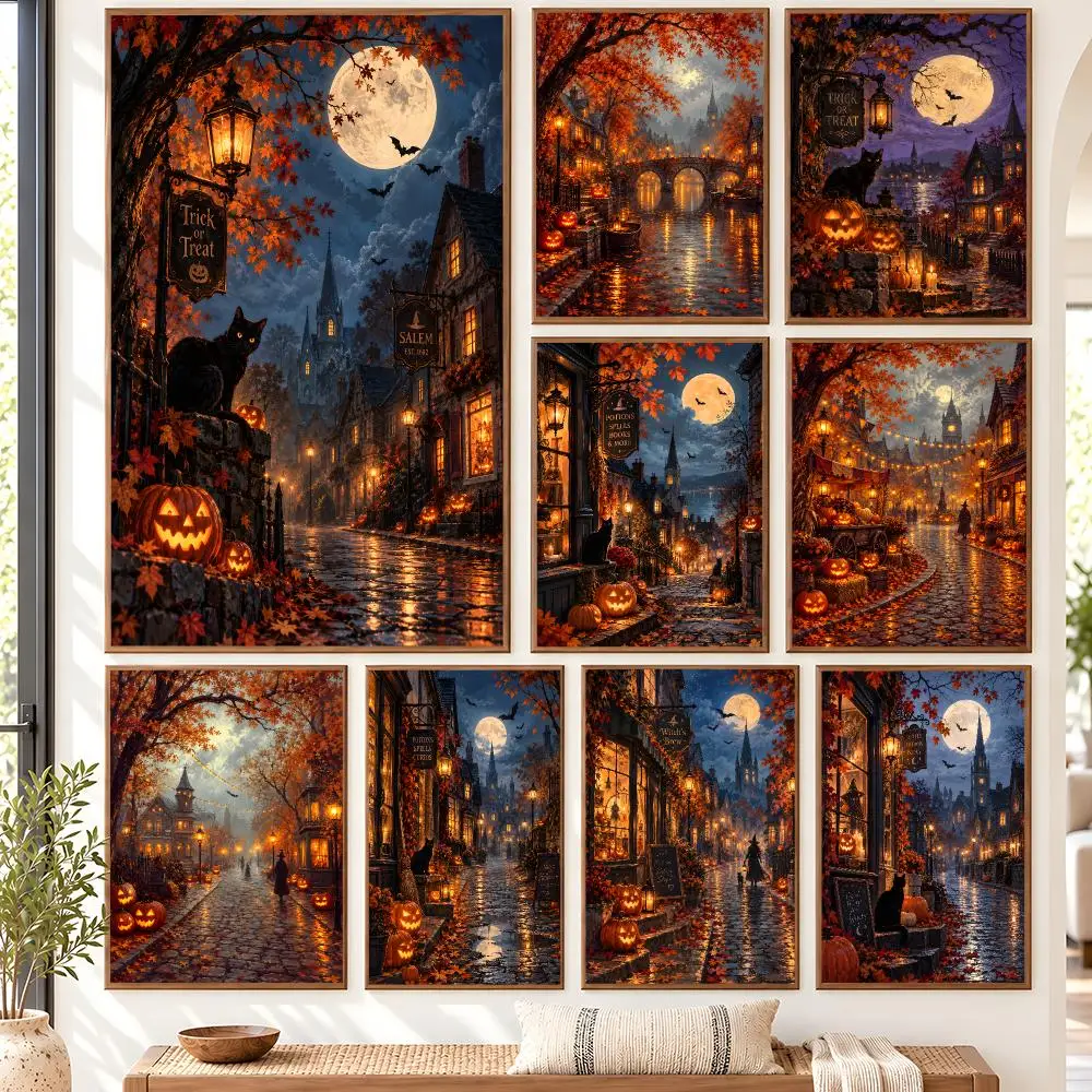 Gothic Halloween Magic Village Under The Moonlight Poster Self Adhesive Matte Wall Art Removable Home Room Decoration